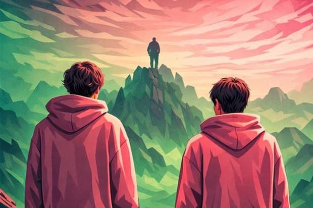Two founders looking up at someone who has already reached the summit