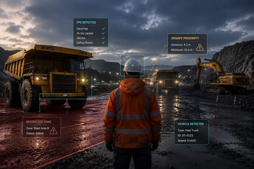 A mine site analysed by Vision AI, with overlays confirming PPE, flagging unsafe proximity to a haul truck, an active restricted blast zone, and a detected vehicle.