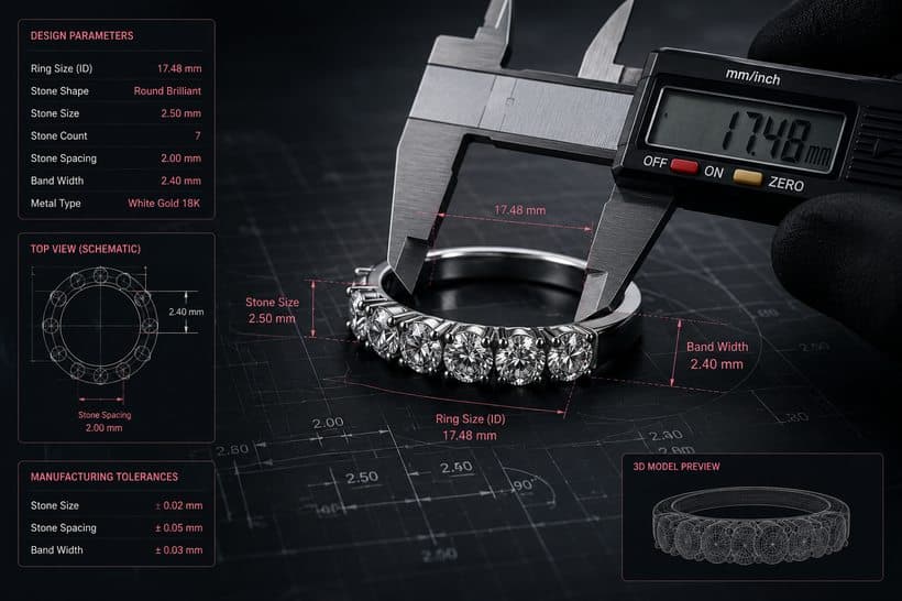 A ring measured against exact design parameters: stone count seven, stone size, spacing, band width, and manufacturing tolerances.