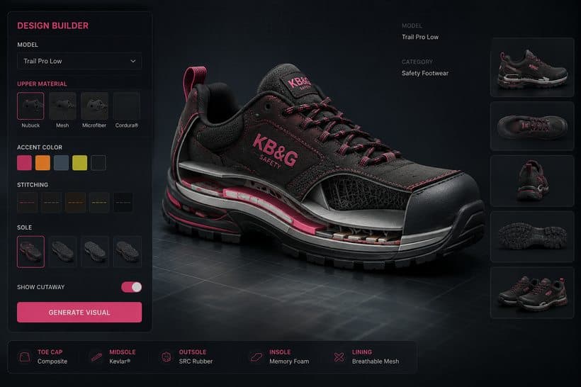 A branded design builder generating a KB&G safety shoe from set materials, accent colors, stitching, and sole options.