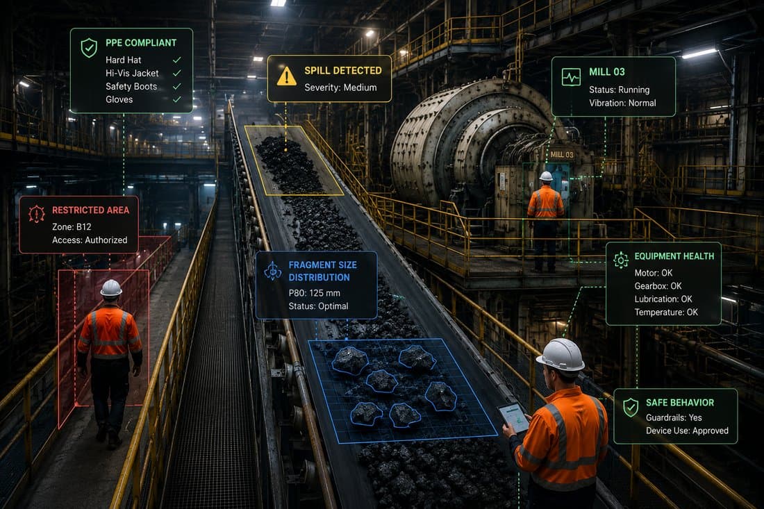 A processing plant read by Vision AI, with overlays confirming PPE compliance, an authorized restricted area, Mill 03 status, equipment health, fragment size distribution, and safe behavior, with workers on the walkways.